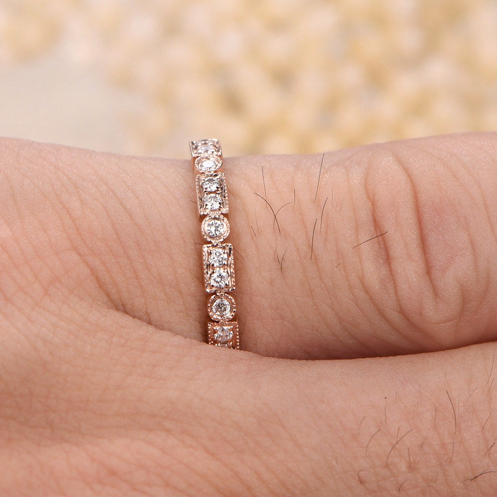 Bague de mariage Art Déco antique en or rose 14 carats, sertie de diamants, idéale pour la Saint-Valentin. Bague d'anniversaire, demi-alliance, sertie clos, bague empilable, cadeau pour la mère.
