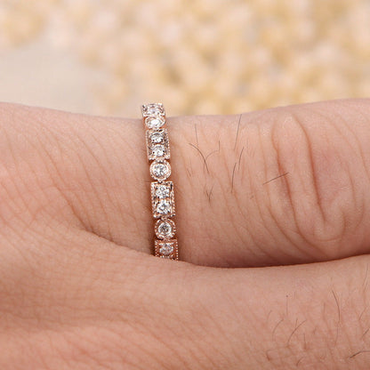 Bague de mariage Art Déco antique en or rose 14 carats, sertie de diamants, idéale pour la Saint-Valentin. Bague d'anniversaire, demi-alliance, sertie clos, bague empilable, cadeau pour la mère.