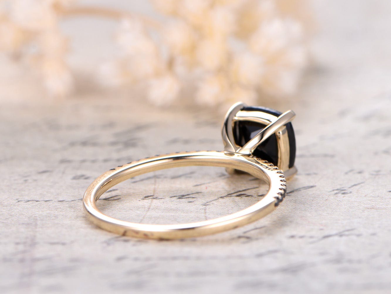 7mm-cushion-cut-black-spinel-engagement-ring-14k-yellow-gold-black-diamond-band