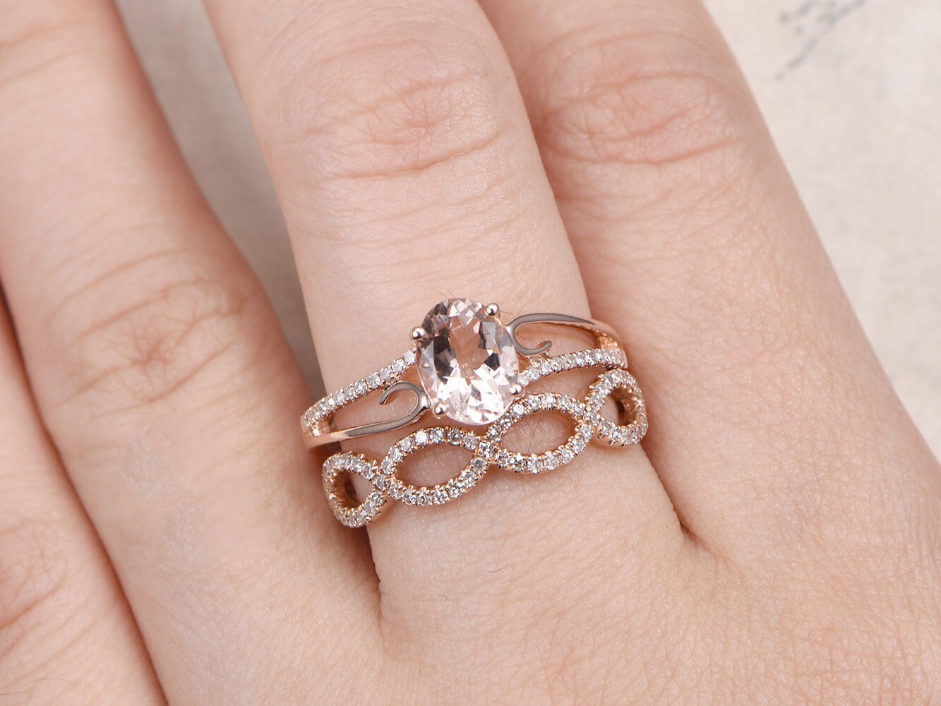 6x8mm-oval-cut-morganite-engagement-ring-set-2pcs-14k-rose-gold-solitaire-diamond-band-infinity-diamond-band