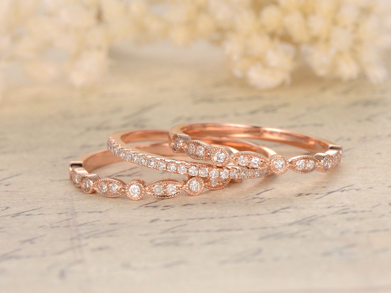 diamond-wedding-band-set-3pcs-14k-rose-gold-half-eternity-two-art-deco-band-one-thin-band