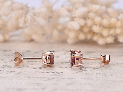 6mm Round Cut Pink Tourmaline Engagement Earrings 18K Rose Gold