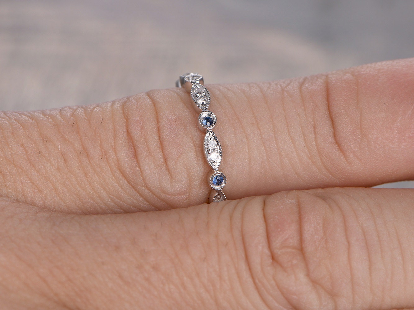 sapphire-wedding-band-14k-white-gold-diamond-full-eternity-art-deco-design