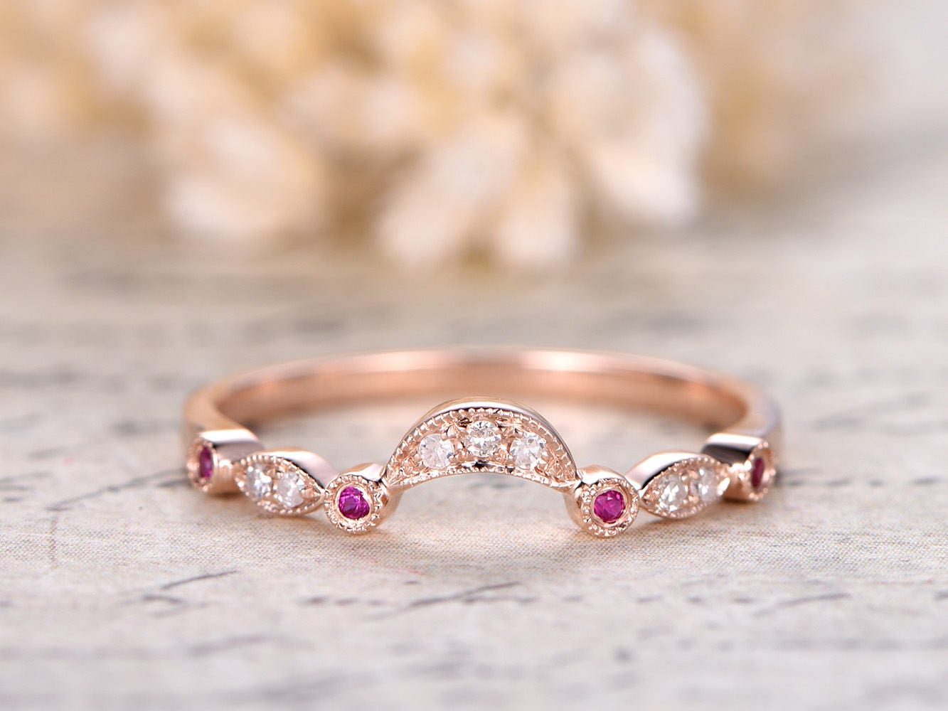 diamond-ruby-wedding-band-milgrain-art-deco-half-eternity-band-bezel-set-marquise-and-dot-ring-in-14k-rose-gold