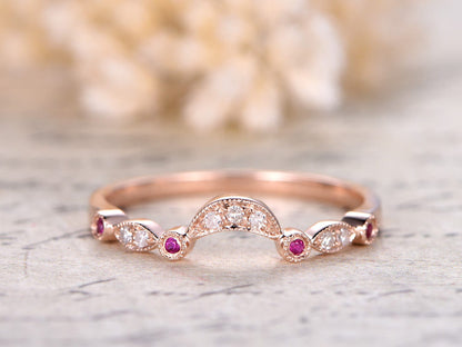 diamond-ruby-wedding-band-milgrain-art-deco-half-eternity-band-bezel-set-marquise-and-dot-ring-in-14k-rose-gold