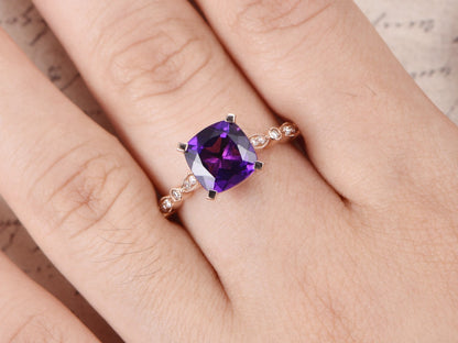 8mm Cushion Cut Amethyst Engagement Ring 14K Rose Gold Solitaire Art Deco Design