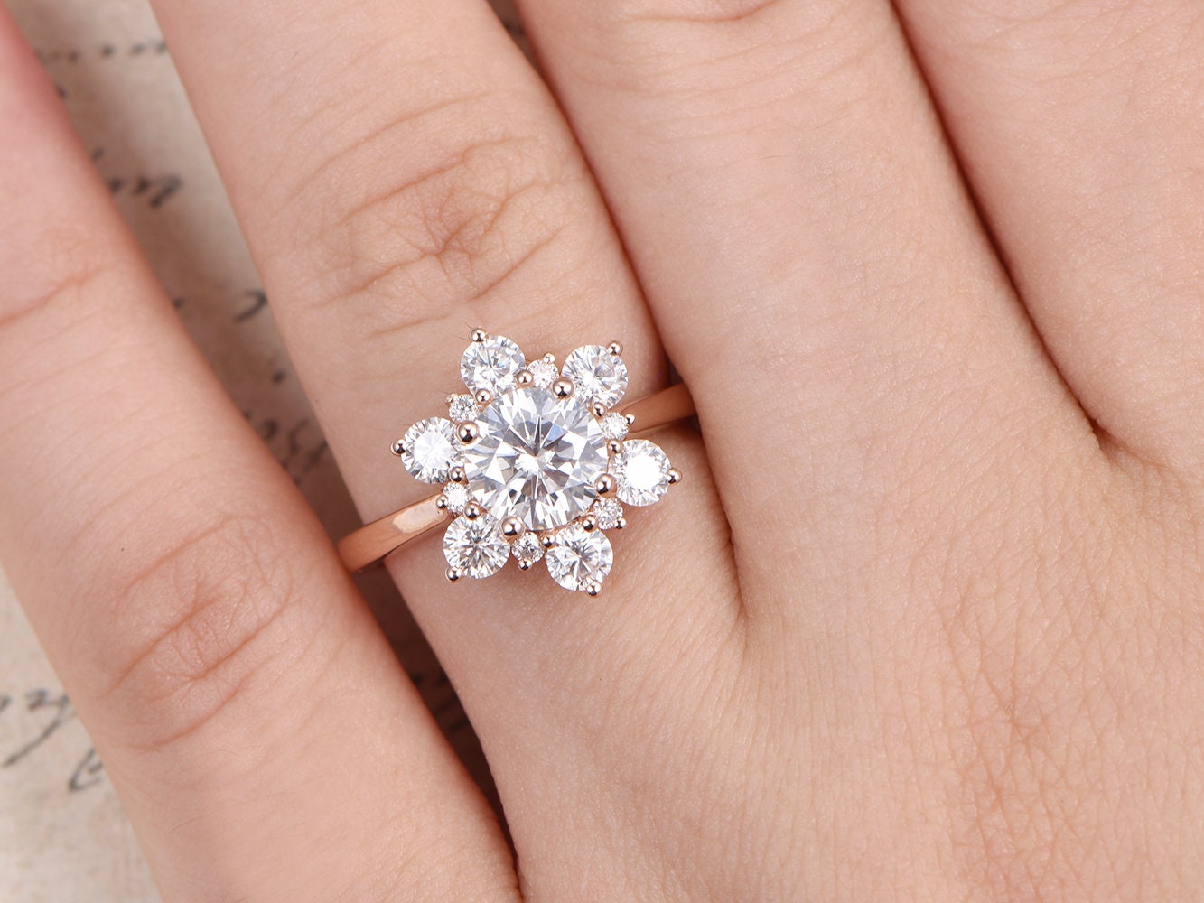 6.5mm-round-cut-moissanite-engagement-ring-14k-rose-gold-art-deco-ring-moissanite-halo-plain-band