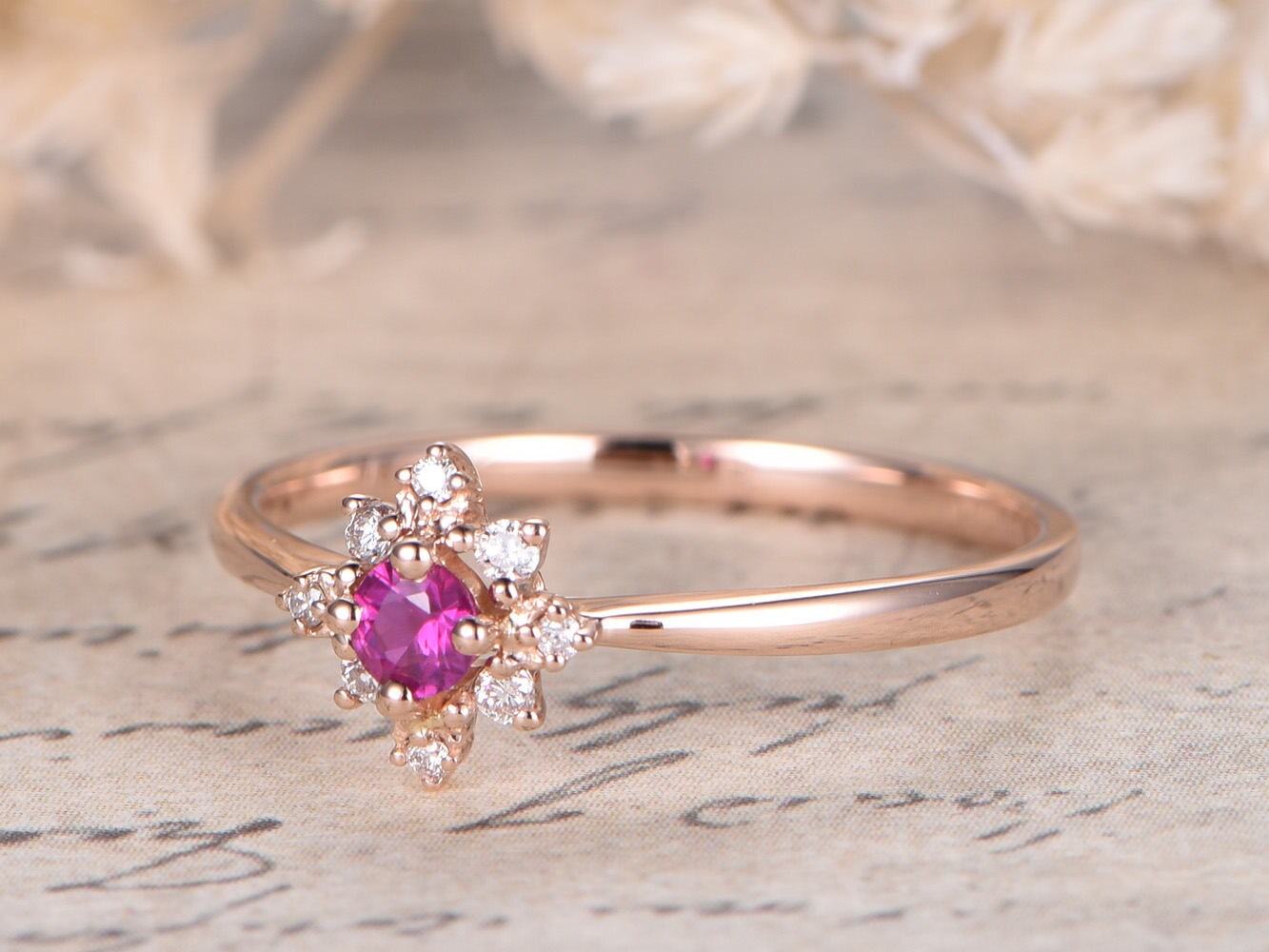 Bague de fiançailles en or rose 14 carats massif avec saphir rose VS, alliance en diamant, anneau simple, bague de promesse, bague de fiançailles délicate