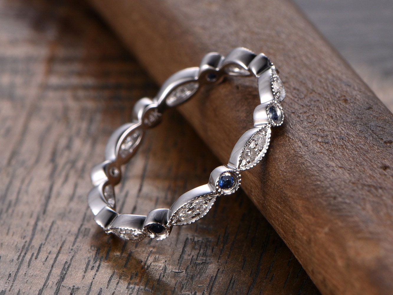 sapphire-wedding-band-14k-white-gold-diamond-full-eternity-art-deco-design