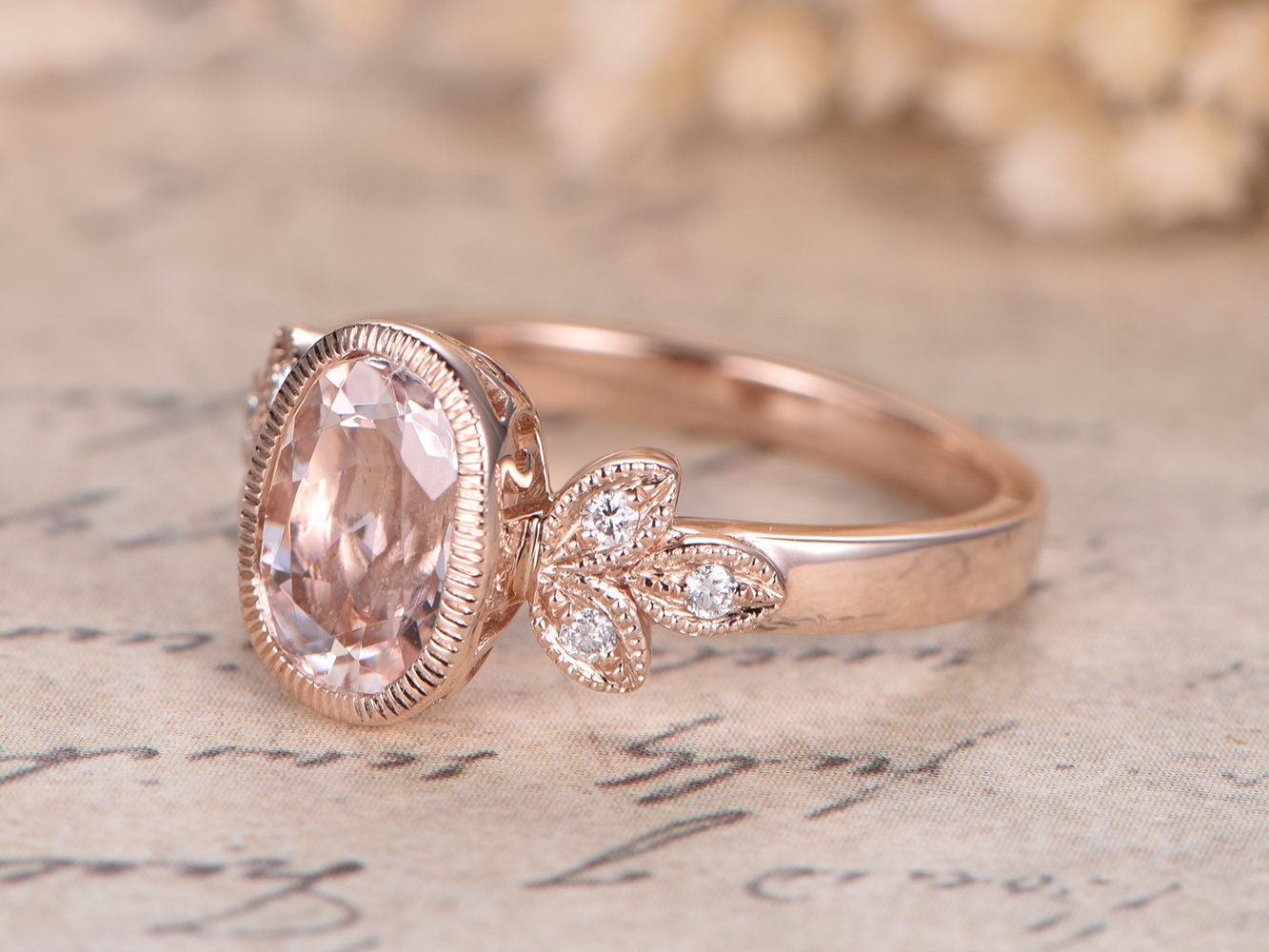 6x8mm Oval Cut Morganite Engagement Ring 14K Rose Gold Diamond Floral Plain Band