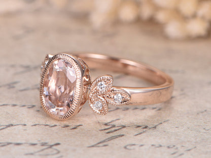 6x8mm Oval Cut Morganite Engagement Ring 14K Rose Gold Diamond Floral Plain Band