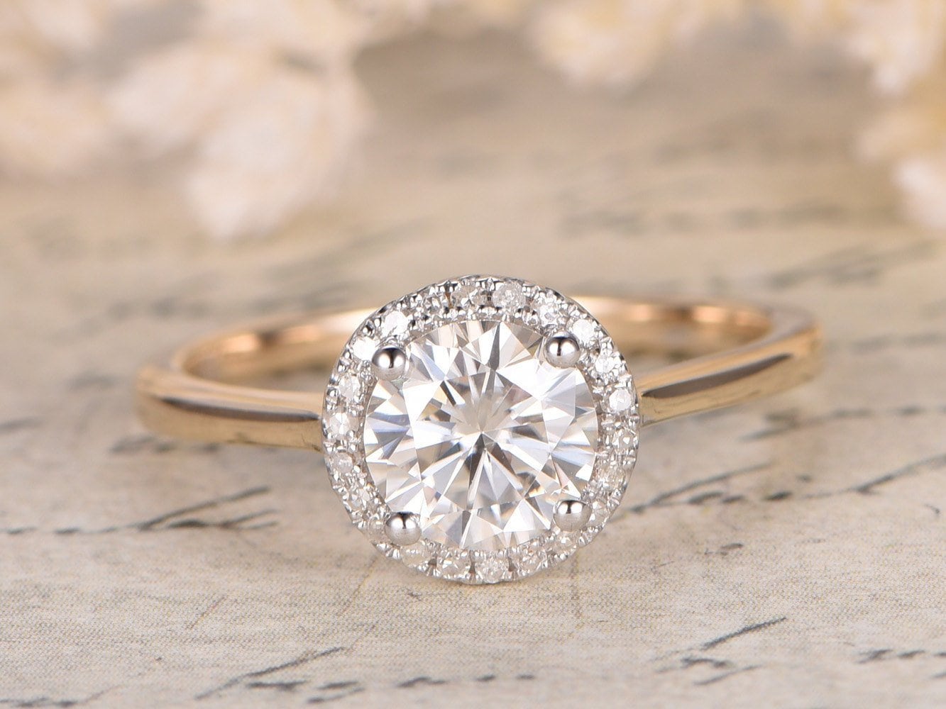 6.5mm-round-cut-moissanite-engagement-ring-14k-yellow-gold-and-white-gold-diamond-halo-plain-band