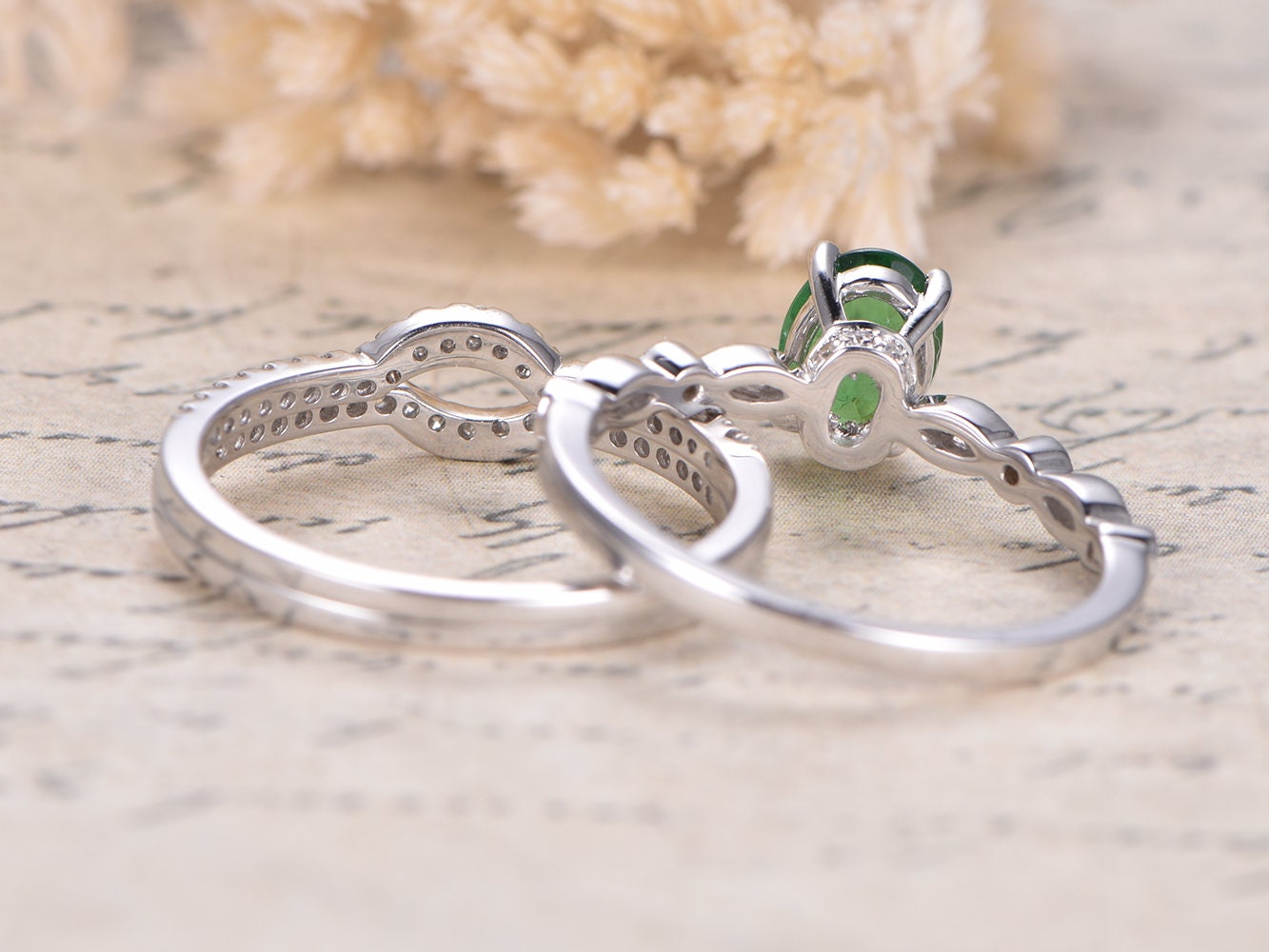 5x7mm-oval-cut-tsavorite-engagement-ring-set-3pcs-14k-white-gold-diamond-accent-two-curved-matching-band