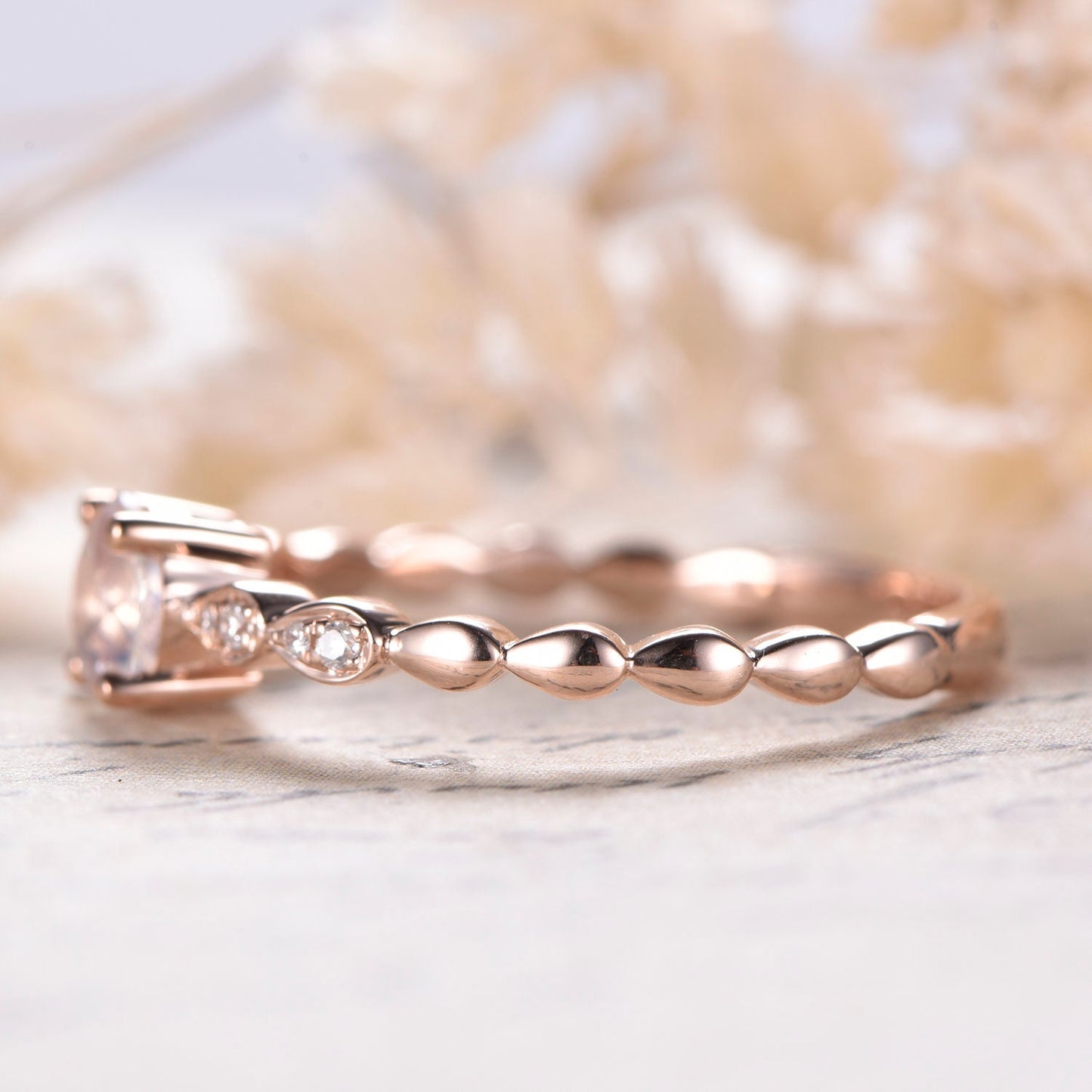 5mm Round Cut Rainbow Moonstone Engagement Ring 14K Rose Gold Diamond Art Deco Solitaire