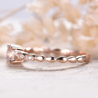 5mm Round Cut Rainbow Moonstone Engagement Ring 14K Rose Gold Diamond Art Deco Solitaire