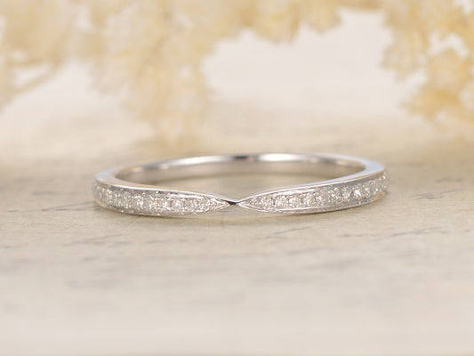 Alliance incurvée à chevrons, alliance torsadée, demi-alliance, alliance Art déco, bague empilable style vintage en or blanc 14 carats