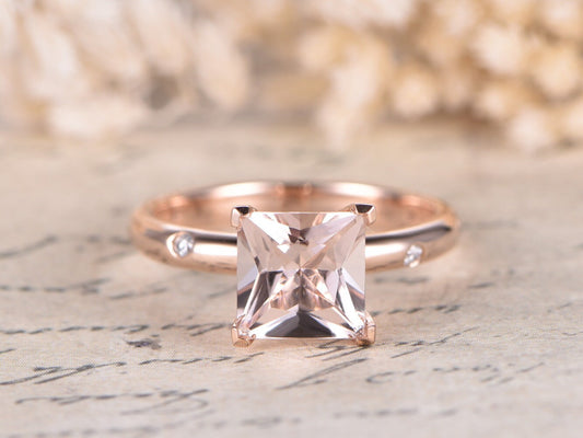 Bague solitaire en or rose 14 carats avec morganite rose, bague d'anniversaire, anneau simple en or rose 14 carats, morganite taille princesse de 7 mm, bague de fiançailles, bague de mariée