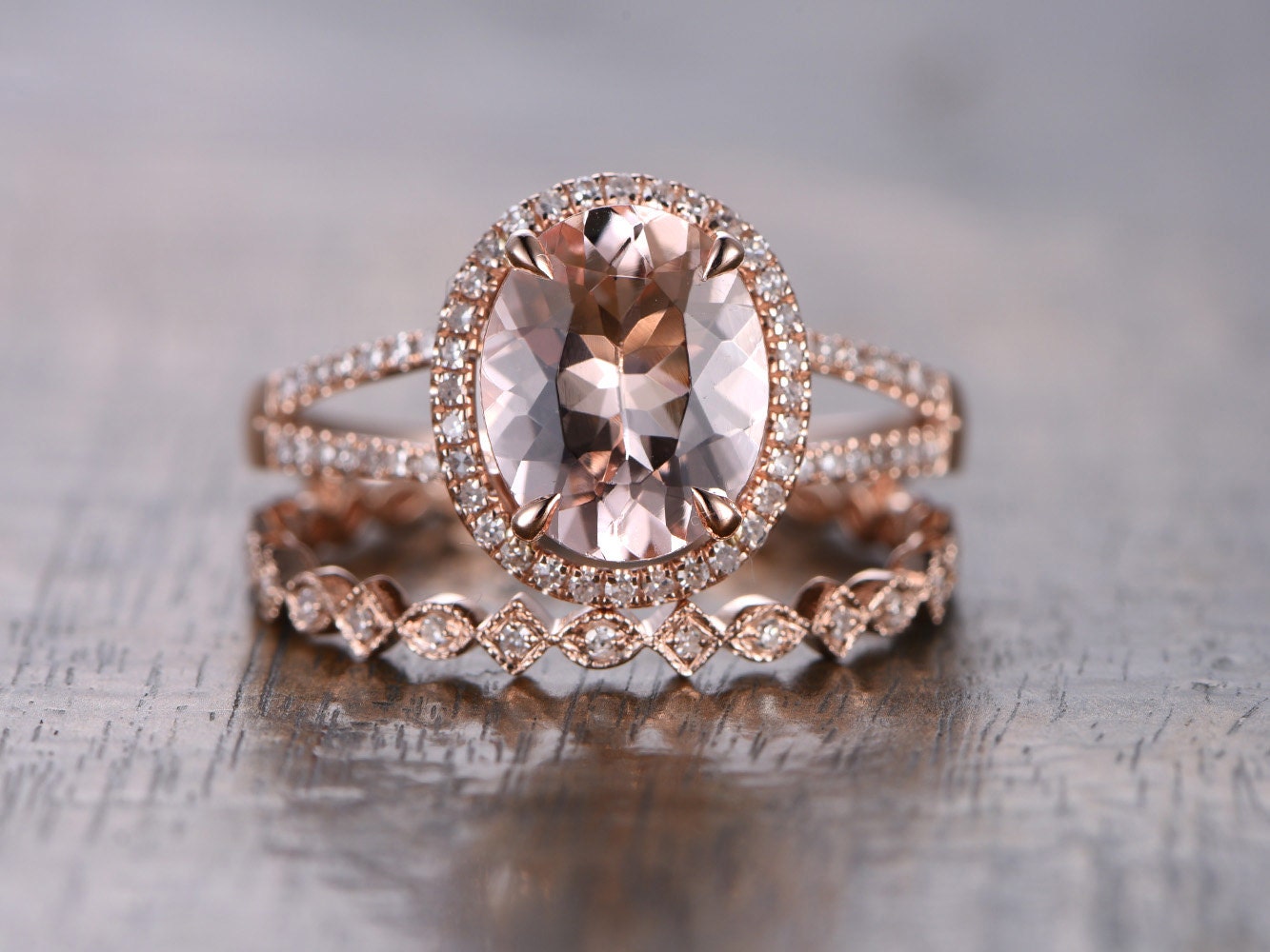 8x10mm-oval-cut-morganite-engagement-set-2pcs-14k-rose-gold-split-shank-halo-diamond-art-deco-matching-band