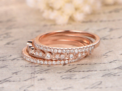 Diamond Wedding Band Set 3pcs 14k Rose Gold | Two Thin Band | One Art Deco Band