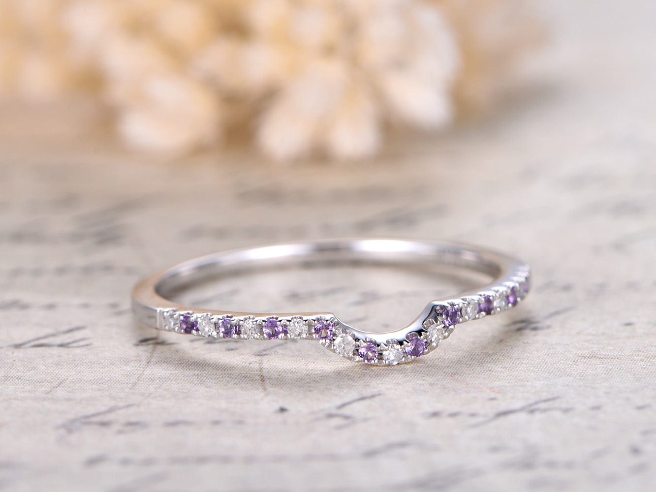 Curved Diamond And Amethyst Wedding Band Half Eternity 14K White Gold