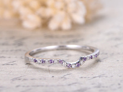 Curved Diamond And Amethyst Wedding Band Half Eternity 14K White Gold
