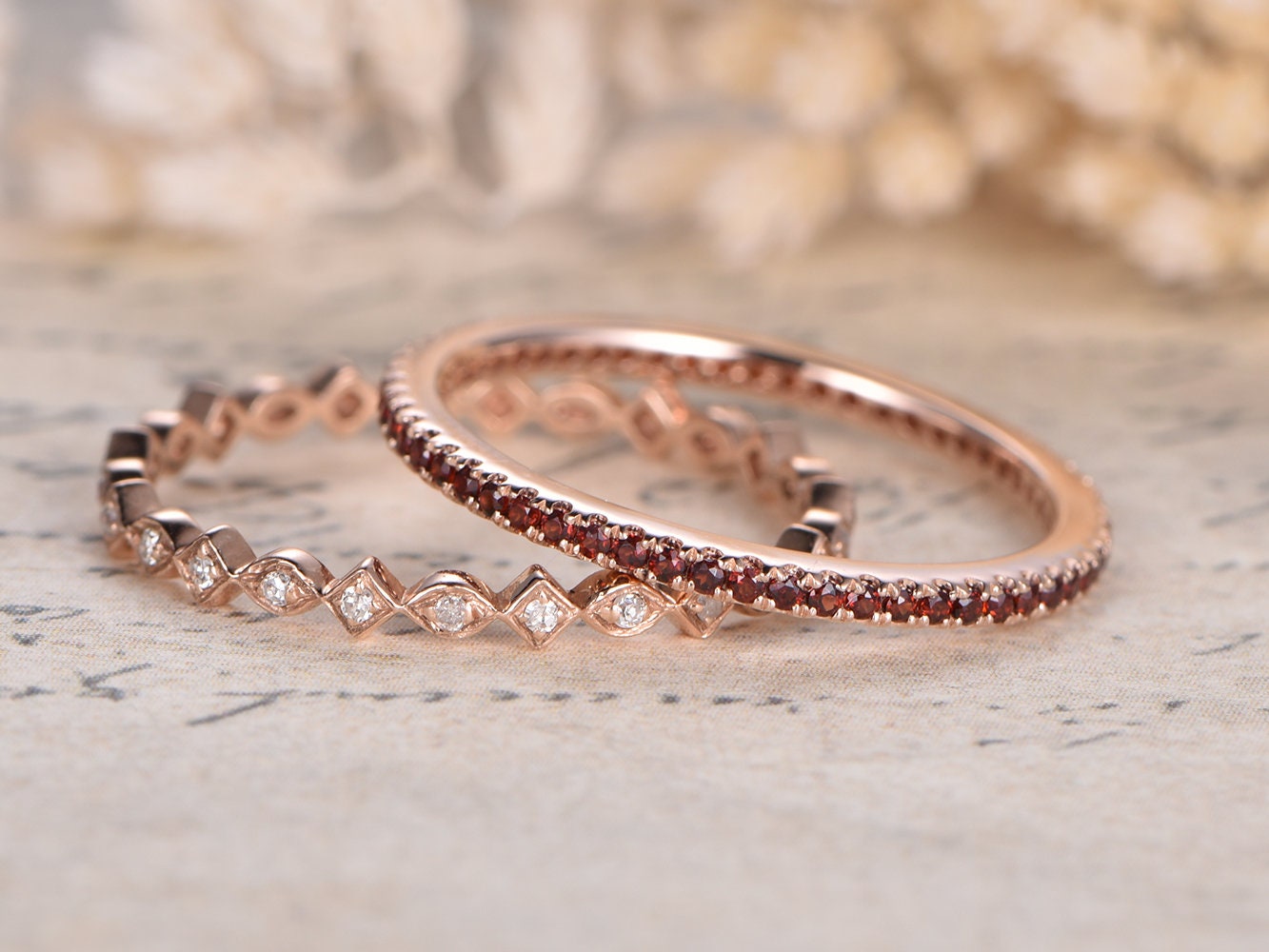 Red Garnet & Diamond Wedding Band Set 2pcs 14K Rose Gold Full Eternity