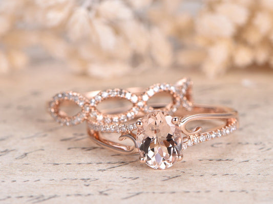 6x8mm-oval-cut-morganite-engagement-ring-set-2pcs-14k-rose-gold-solitaire-diamond-band-infinity-diamond-band