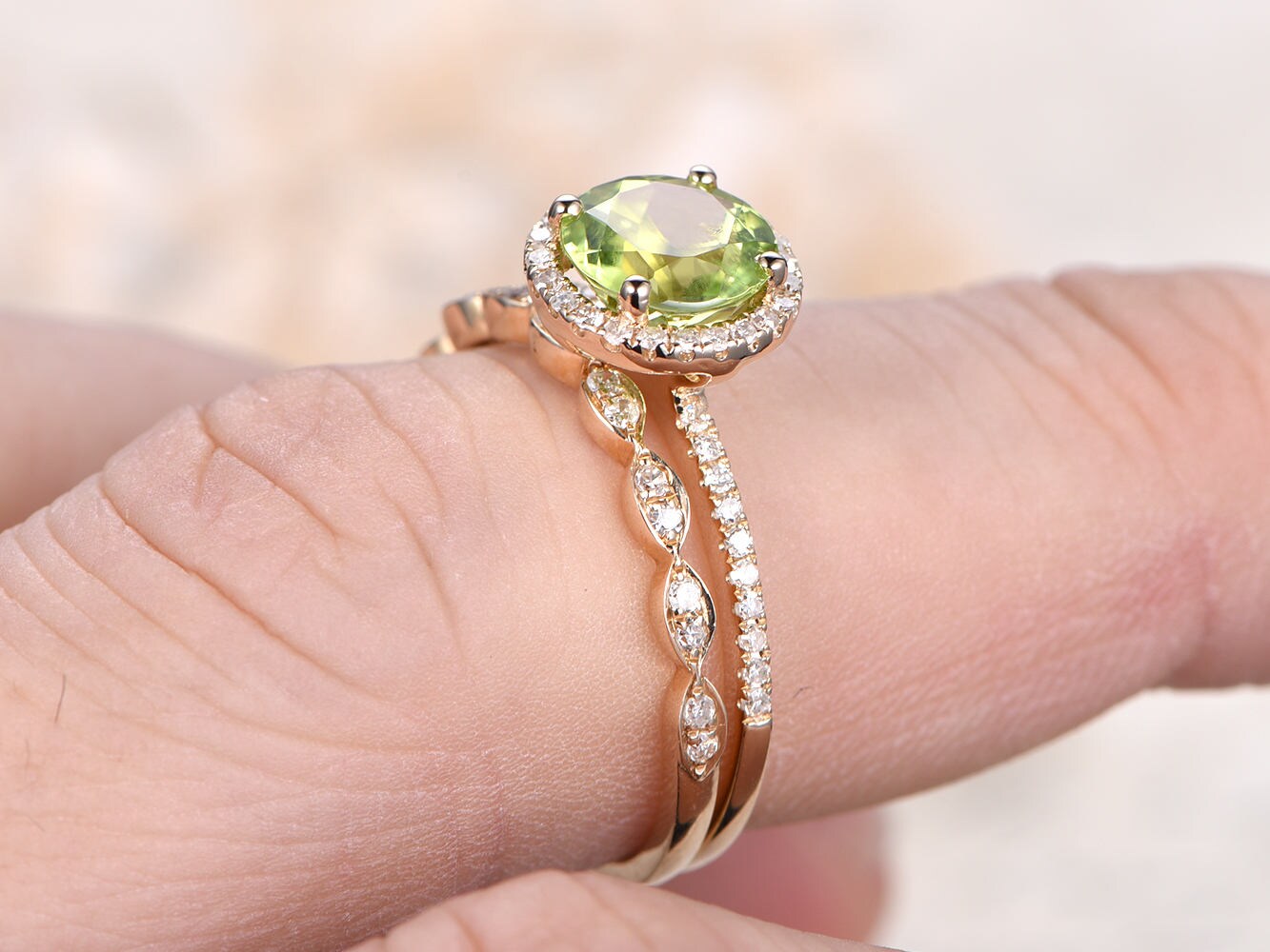 7mm Round Cut Peridot Engagement Ring Set 2pcs Diamond Halo | Diamond Art Deco Matching Band