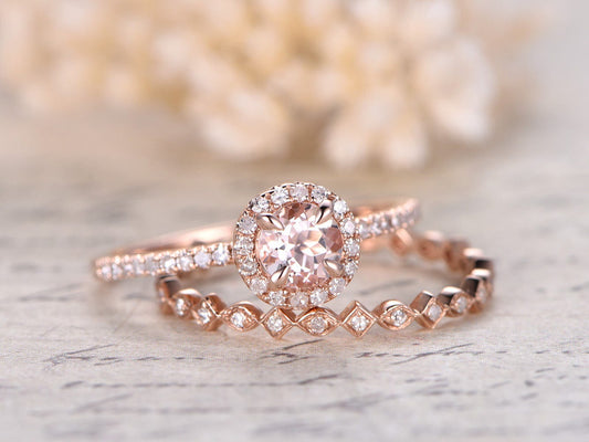 Bague de fiançailles en morganite taille ronde de 5 mm, alliance sertie de diamants, bague en morganite et bague de mariage serties sur toute la longueur, or rose massif 14 carats.