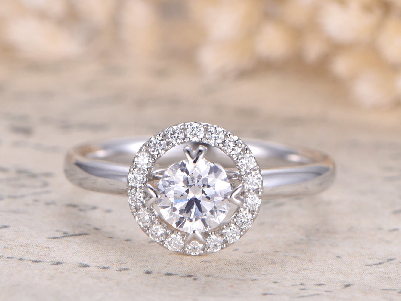 Bague en or blanc 14 carats avec moissanite, alliance, bague de fiançailles avec moissanite ronde de 5 mm, bague unique, bague en diamant, bague Art déco