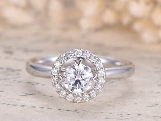 Bague en or blanc 14 carats avec moissanite, alliance, bague de fiançailles avec moissanite ronde de 5 mm, bague unique, bague en diamant, bague Art déco