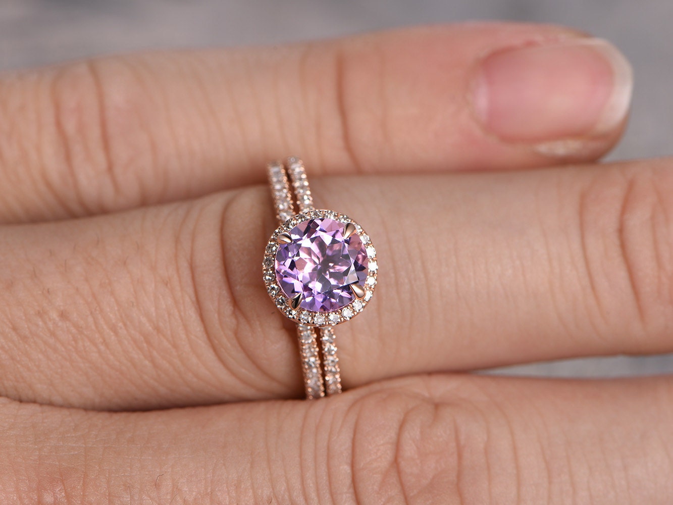 6.5mm Round Cut Amethyst Engagement Ring 2pcs 14K Rose Gold Half Eternity Band Design
