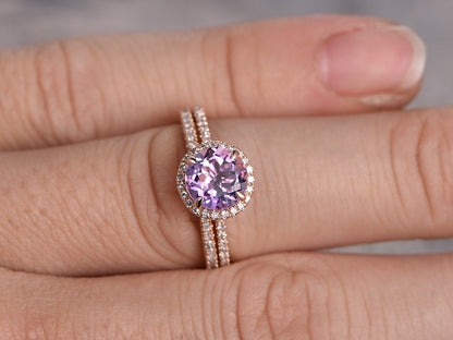 6.5mm Round Cut Amethyst Engagement Ring 2pcs 14K Rose Gold Half Eternity Band Design