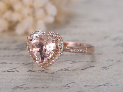Bague de fiançailles en morganite en forme de cœur, pierre précieuse rose ronde de 8 mm, bague de promesse, alliance en or rose 14 carats avec diamants, pour femme