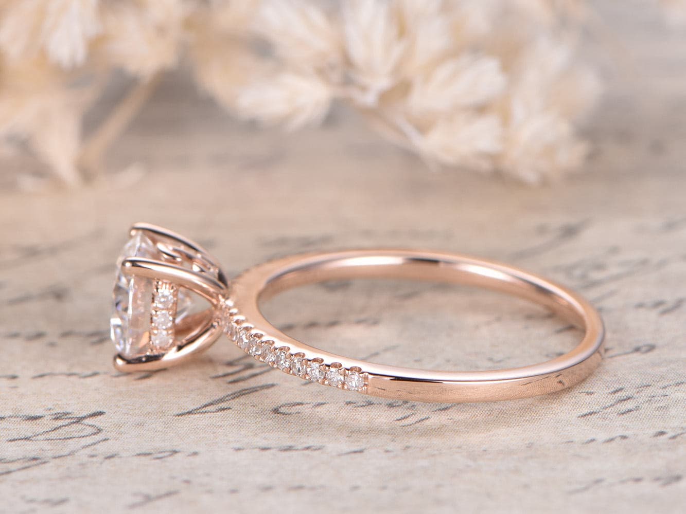Bague en moissanite, or rose 14 carats, bague de fiançailles en moissanite, alliance en diamant, bague de mariage style Art déco, bague de mariée en moissanite de 7 mm