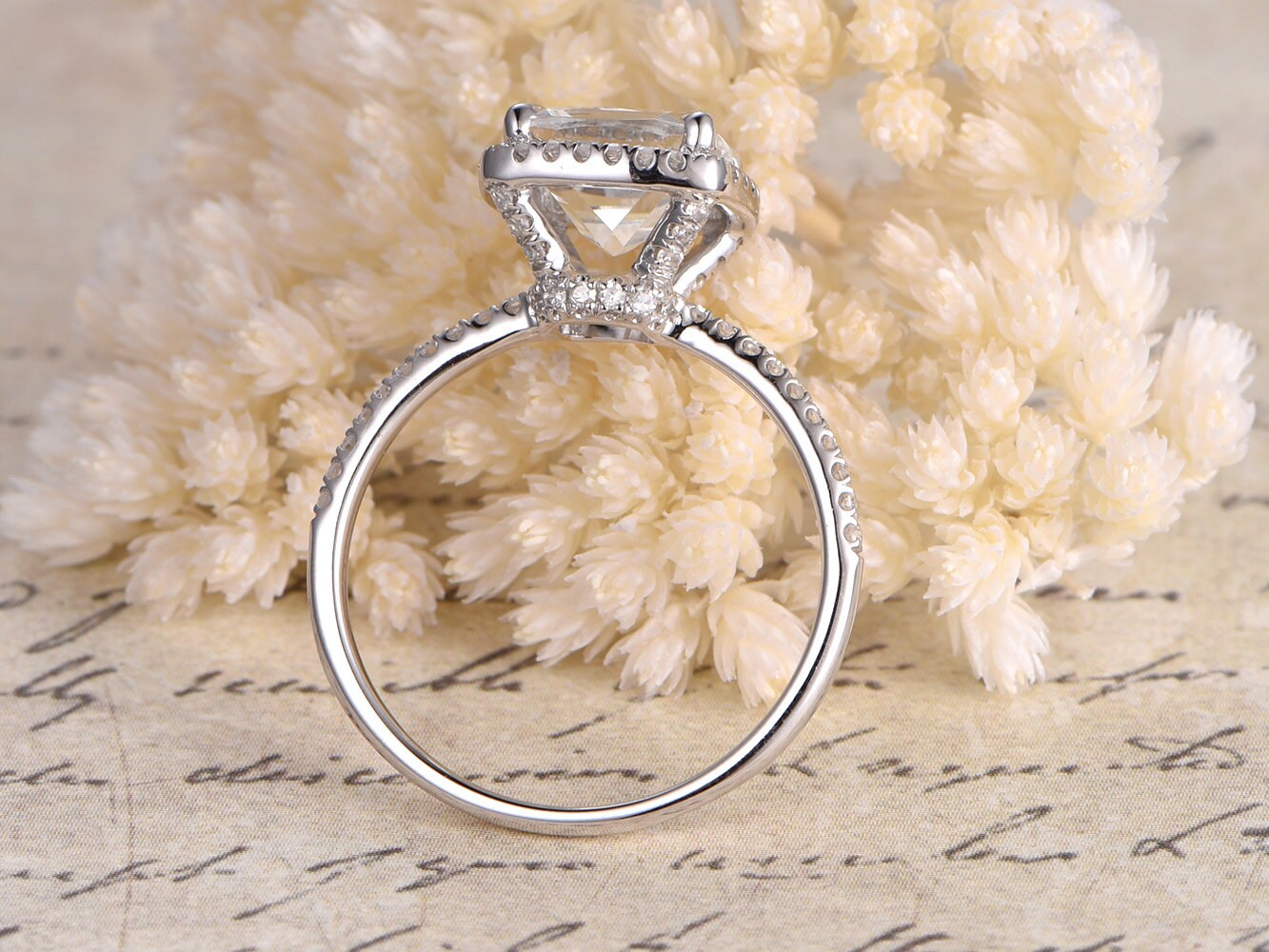 8mm Cushion Cut White Topaz Engagement Ring 14K White Gold Diamond Halo Design