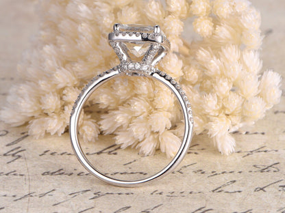 8mm Cushion Cut White Topaz Engagement Ring 14K White Gold Diamond Halo Design