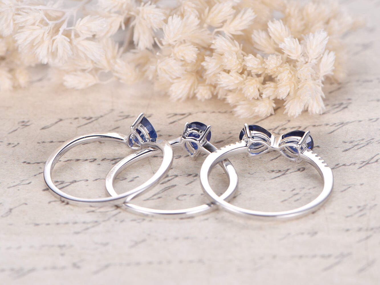 Bague de fiançailles en tanzanite naturelle VS, anneau simple en or blanc 14 carats massif. Ensemble de 4 bagues de fiançailles et bagues de promesse décoratives.