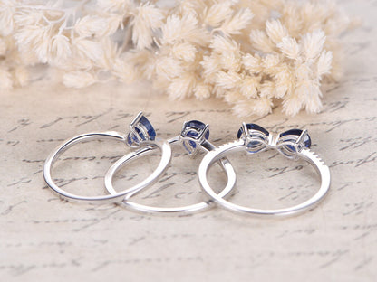 Bague de fiançailles en tanzanite naturelle VS, anneau simple en or blanc 14 carats massif. Ensemble de 4 bagues de fiançailles et bagues de promesse décoratives.