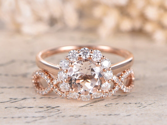 7mm-round-cut-morganite-engagement-ring-set-2pcs-14k-rose-gold-floral-halo-moissanite-diamond-twist-matching-band