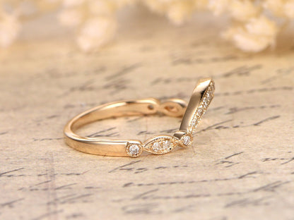 Alliance incurvée en diamant, demi-alliance, bague d'anniversaire, bague en forme de marquise et de cercle, style Art déco, or jaune 14 carats, alliance assortie, bague sur mesure