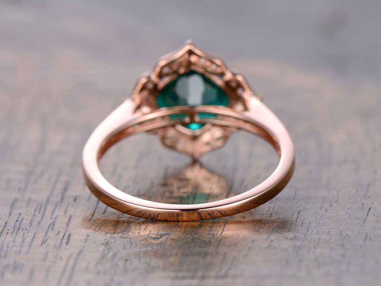 Bague de fiançailles émeraude, émeraude taille coussin 7 mm, alliance, pierre de naissance de mai, alliance pavée de diamants, or rose 14 carats
