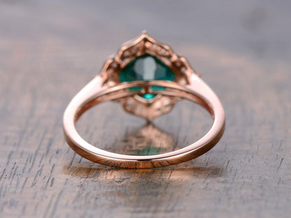 Bague de fiançailles émeraude, émeraude taille coussin 7 mm, alliance, pierre de naissance de mai, alliance pavée de diamants, or rose 14 carats