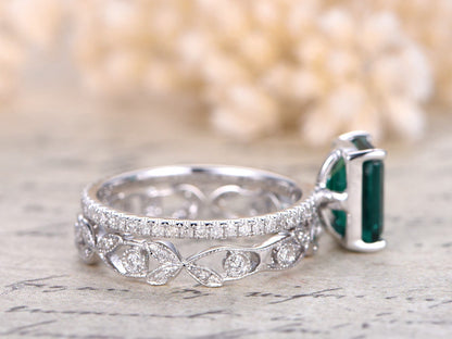 Bague de fiançailles en or blanc 14 carats sertie d'une émeraude de 6 x 8 mm, pierre de naissance du mois de mai, ensemble de 2 bagues, alliance sertie de diamants, bague florale sertie de diamants