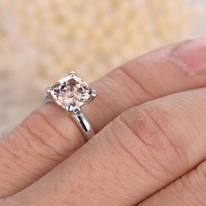 Bague de fiançailles solitaire en morganite coussin de 7 mm, anneau en or blanc simple 14 carats, bague d'anniversaire, bague de mariage