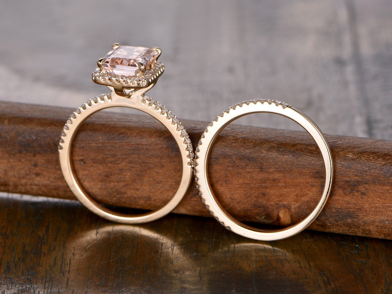7x9mm Emerald Cut Morganite Engagement Ring Set 2pcs 14K Rose Gold Diamond Halo | Thin Matching Band