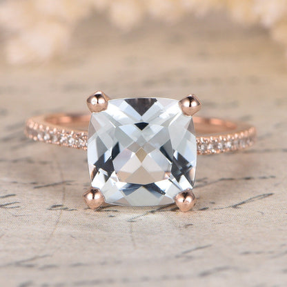 Bague en aigue-marine 8 mm, sertie de diamants taille coussin, bague de fiançailles, pierre de naissance de mars, or rose 14 carats, alliance sertie de diamants.