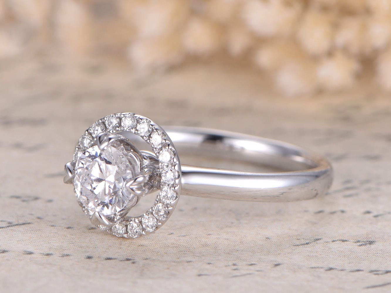 Bague en or blanc 14 carats avec moissanite, alliance, bague de fiançailles avec moissanite ronde de 5 mm, bague unique, bague en diamant, bague Art déco