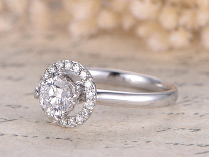 Bague en or blanc 14 carats avec moissanite, alliance, bague de fiançailles avec moissanite ronde de 5 mm, bague unique, bague en diamant, bague Art déco