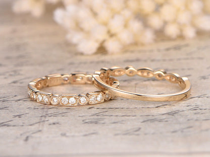 Diamond Wedding Band Set 2pcs 14K Yellow Gold Art Deco | One Half Eternity Band | One Full Eternity Band
